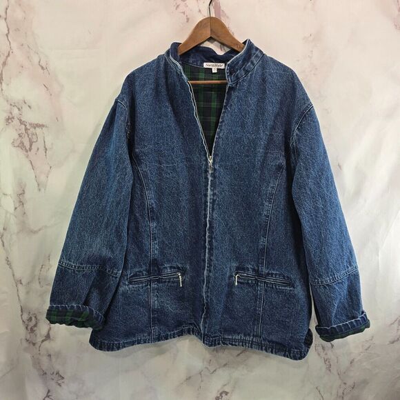 Vintage Jackets & Blazers - Vintage Denim Jacket Womns 3X Jean 80s 90s Flannel Lined Green Plaid Dark Medium
